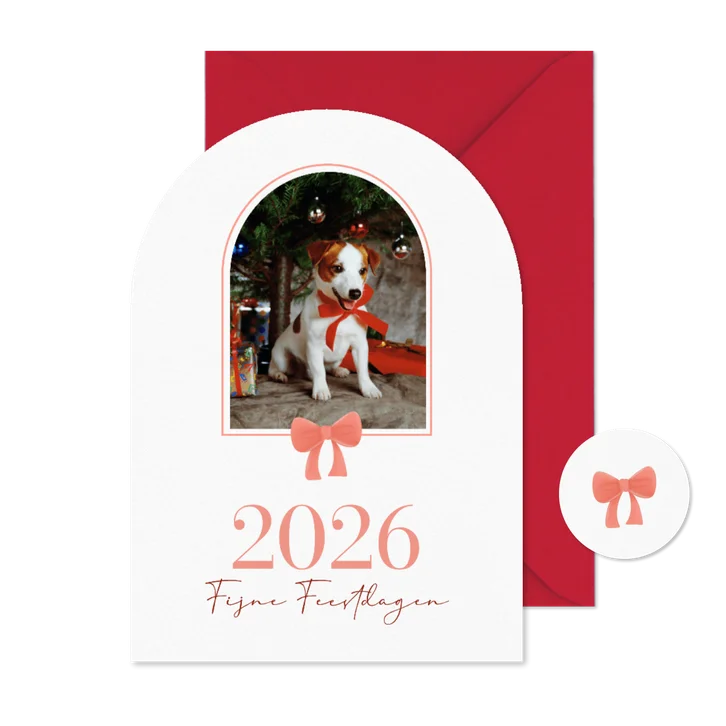 Klassieke kerstkaart boogvorm met foto en rode strik