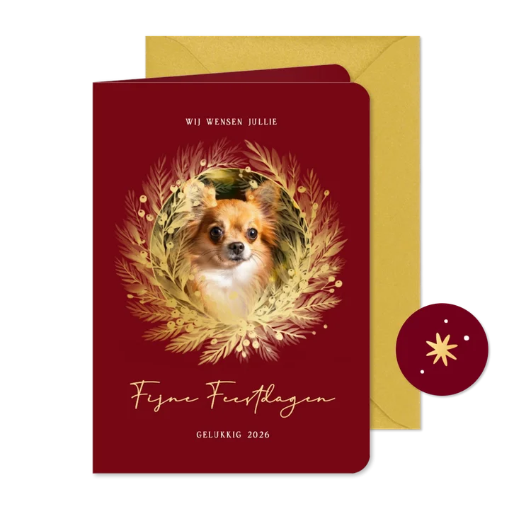 Klassieke kerstkaart met foto en gouden krans