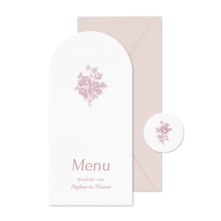 Klassieke menukaart boog vorm met klassiek boeket