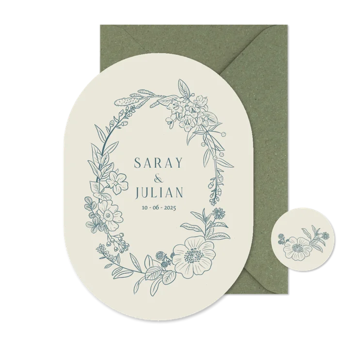 Klassieke ovale trouwkaart met bloemenkrans