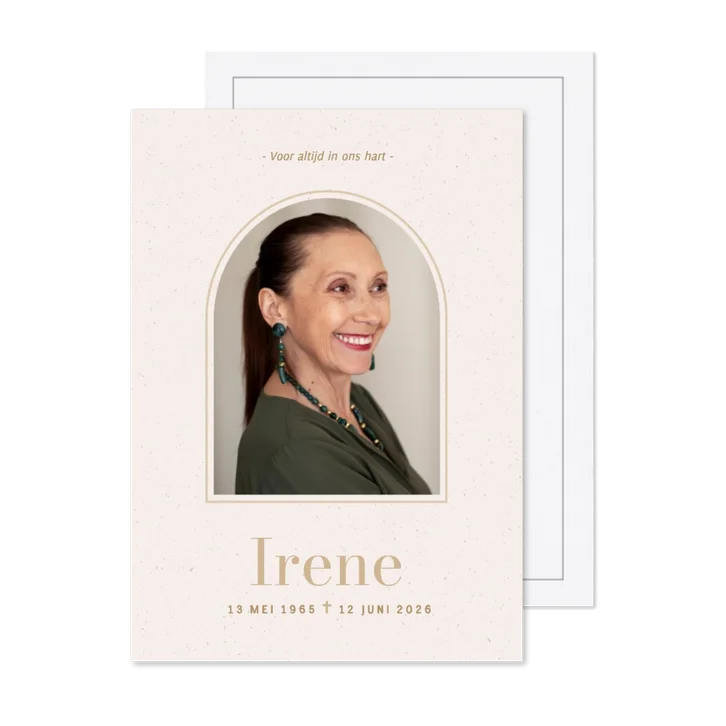 Klassieke rouwkaart met foto in boog beige