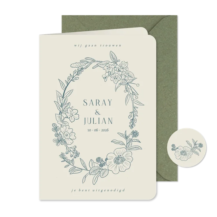 Klassieke trouwkaart met geïllustreerde bloemenkrans