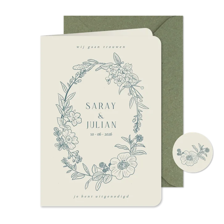 Klassieke trouwkaart met geïllustreerde bloemenkrans