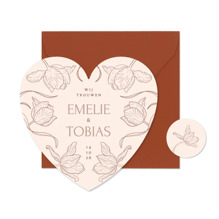 Klassieke trouwkaart met vintage tulpen in vorm van hartje