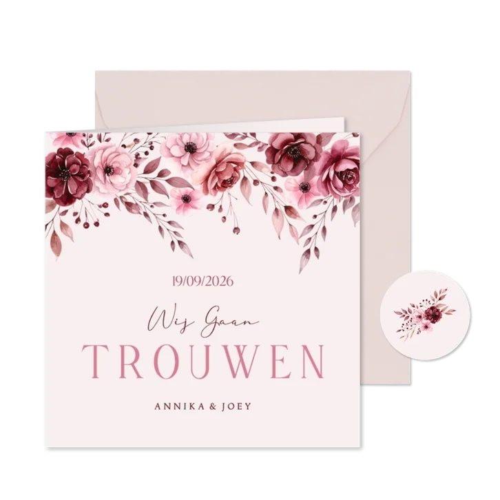 Klassieke trouwkaart uitnodiging in roze met aquarel rozen