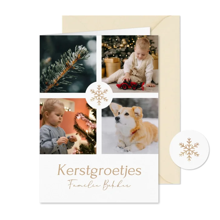 Klassieke witte kerstkaart met fotocollage en sneeuwvlok