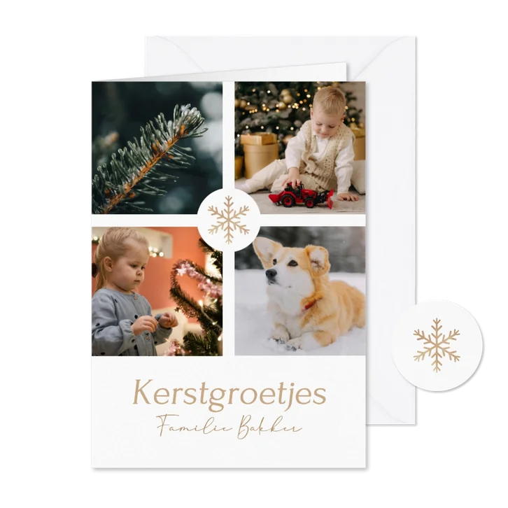 Klassieke witte kerstkaart met fotocollage en sneeuwvlok