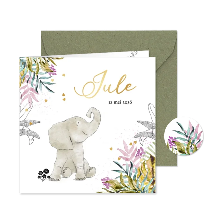 Kleurrijk geboortekaartje botanisch watercolour olifant goud