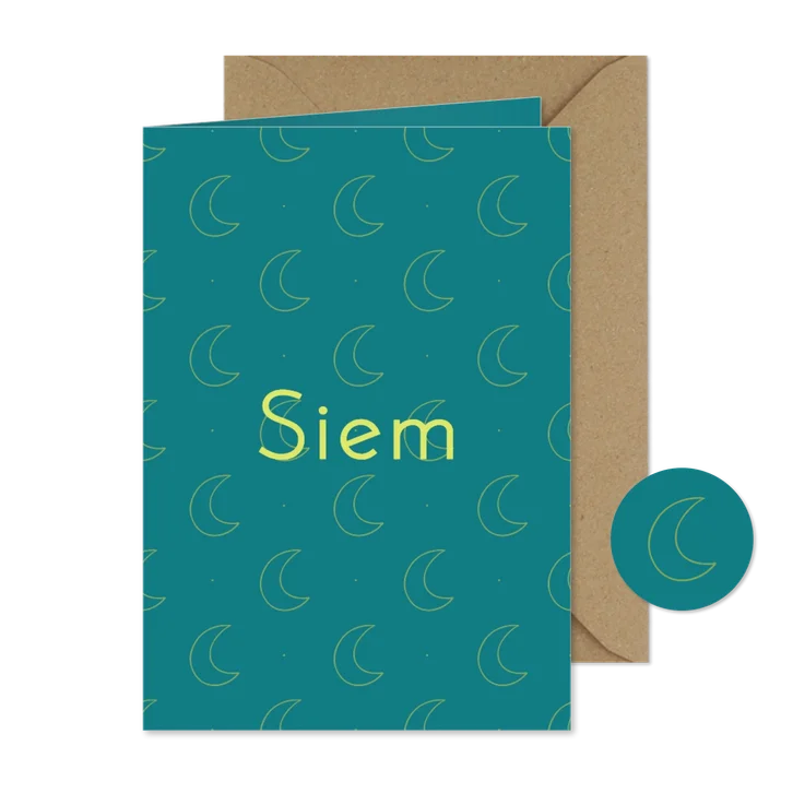 Kleurrijk geboortekaartje met patroon van maantjes