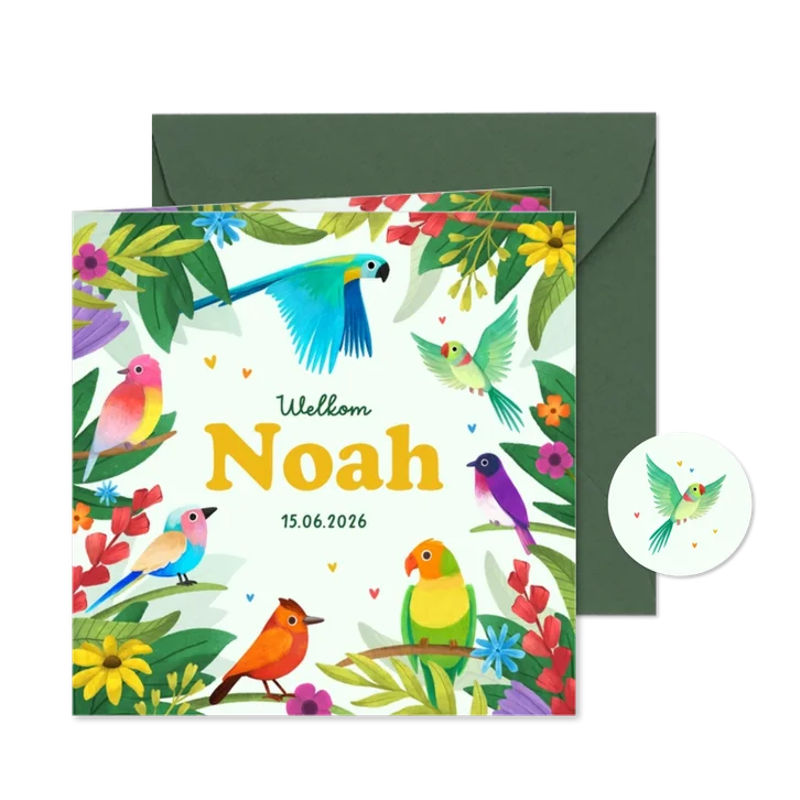 Kleurrijk tropisch geboortekaartje dieren vogels bloemen