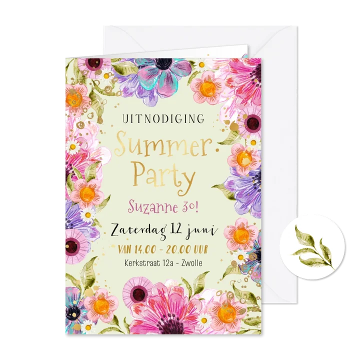 Kleurrijke uitnodiging Summer Party bloemen watercolor goud