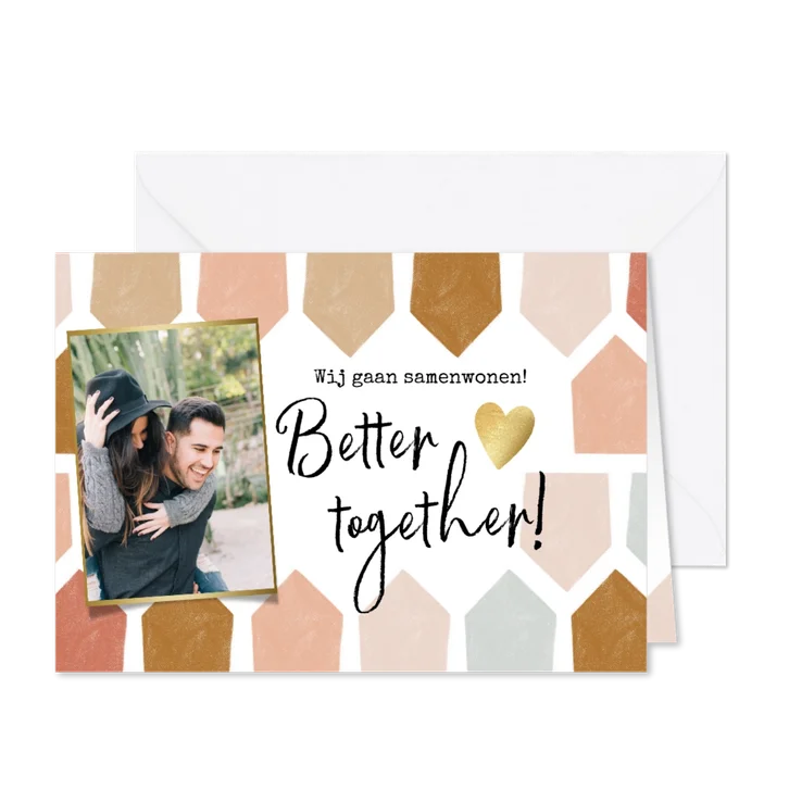 Kleurrijke verhuiskaart samenwonen met huisjes en hart