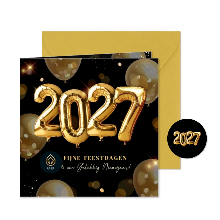 Knallende zakelijke kerstkaart met gouden helium ballonnen