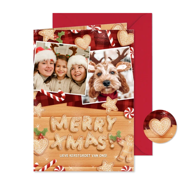 Knusse kerstkaart met kerstkoekjes zuurstok en merry xmas