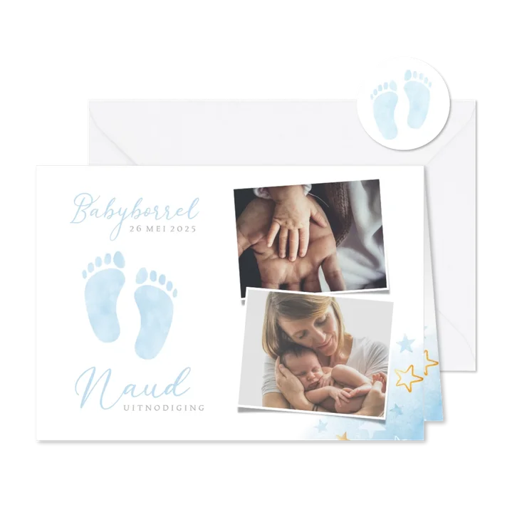 Kraamborrel uitnodiging jongen babyblauw voetjes