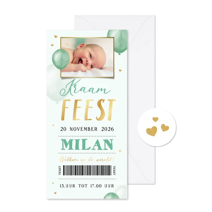 Kraamfeest uitnodiging ballonnen hartjes ticket unisex goud