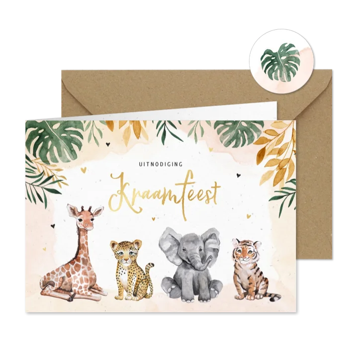 Kraamfeest uitnodiging dieren jungle giraf olifant tijger
