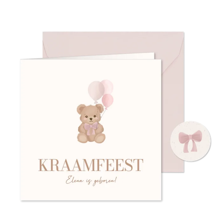 Kraamfeest uitnodiging meisje met teddybeertje en ballonnen
