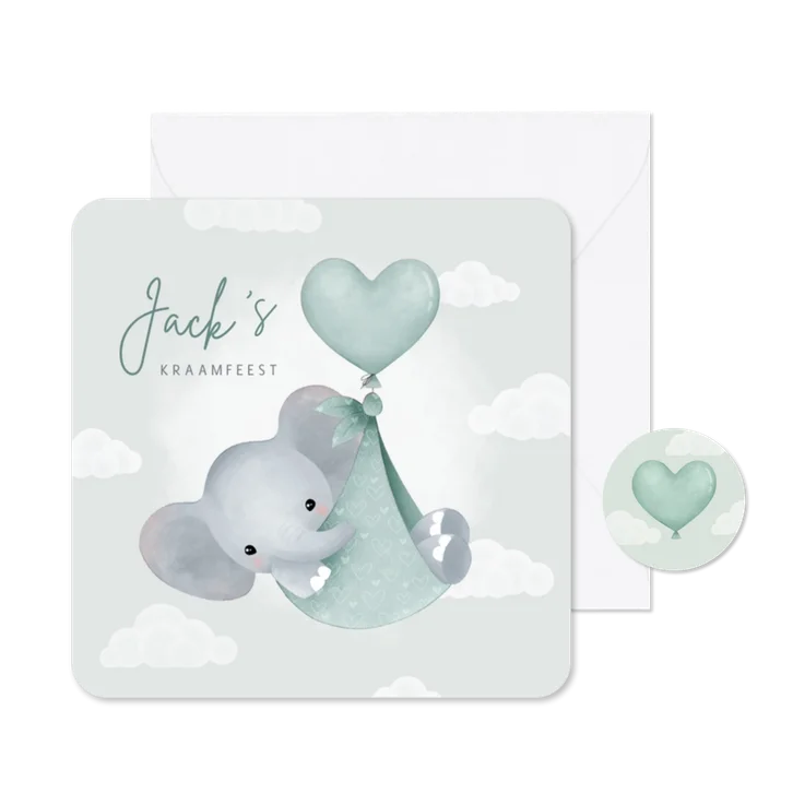 Kraamfeest uitnodiging olifantje in draagzak ballon