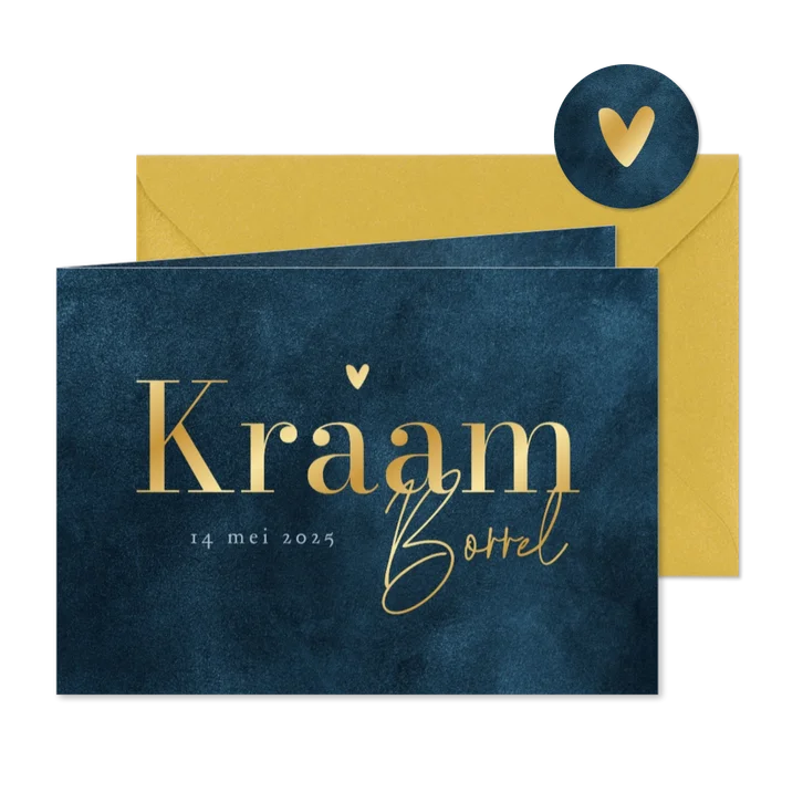 Kraamfeest uitnodiging stijlvol velvetlook blauw goud hartje