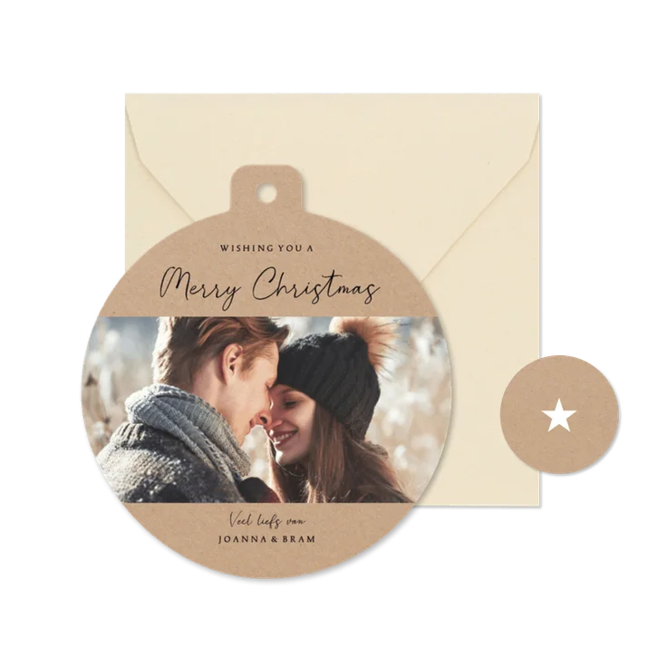 Kraft kerstkaart in kerstbal vorm met grote foto