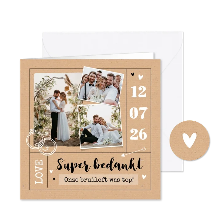 Kraftlook bedankkaart trouwen foto hartjes