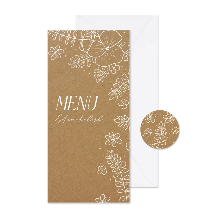 Kraftlook menukaart voor een huwelijk met witte bloemen