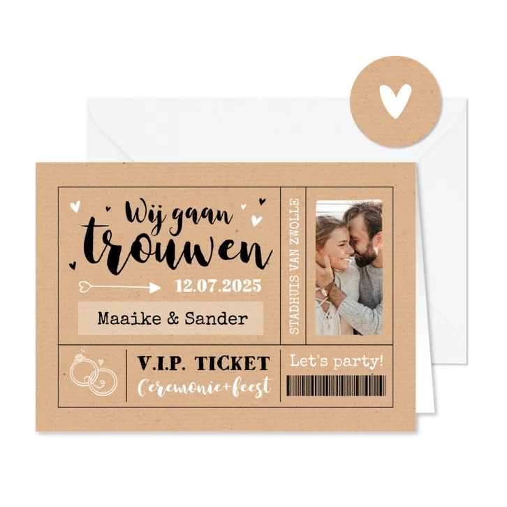 Kraftlook ticket trouwkaart uitnodiging foto hartjes