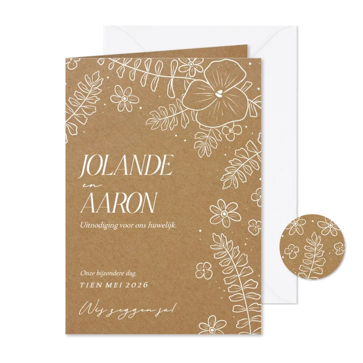 Kraftlook trouwkaart met witte lijnillustraties van bloemen