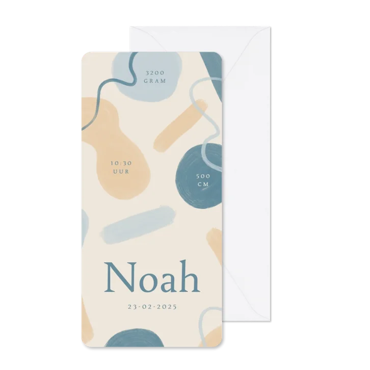 Kunstzinnig geboortekaartje met geschilderde vormen jongen