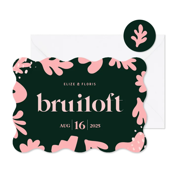 Kunstzinnige trouwkaart met golvende rand groen met roze