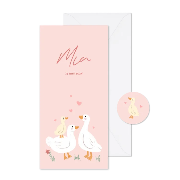 Langwerpig geboortekaartje met schattige eendjes roze