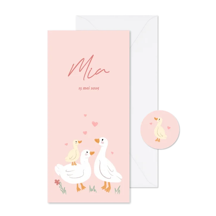 Langwerpig geboortekaartje met schattige eendjes roze