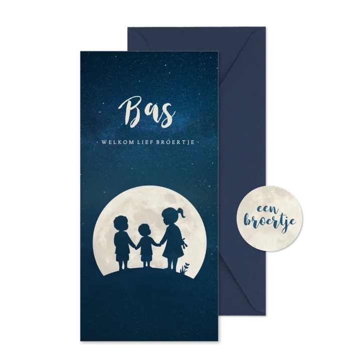 Langwerpig geboortekaartje silhouet 3 kinderen in een maan 