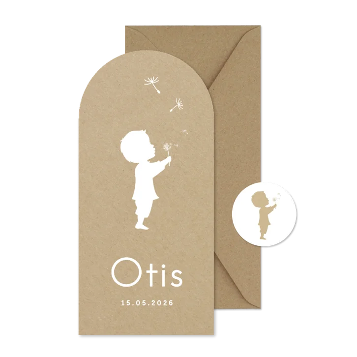 Langwerpig kraft geboortekaartje jongen boog paardenbloem