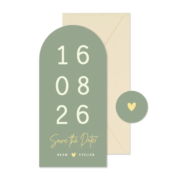 Langwerpig minimalistisch boog kaartje met grote trouwdatum 