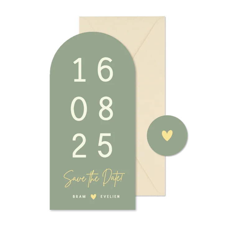 Langwerpig minimalistisch boog kaartje met grote trouwdatum