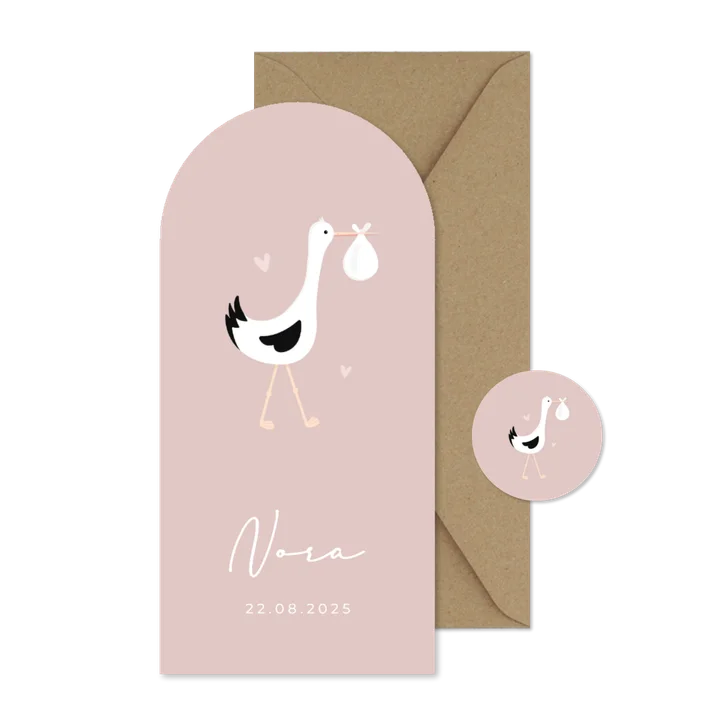 Langwerpig ooievaar geboortekaartje met boog - meisje 
