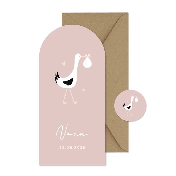 Langwerpig ooievaar geboortekaartje met boog - meisje 