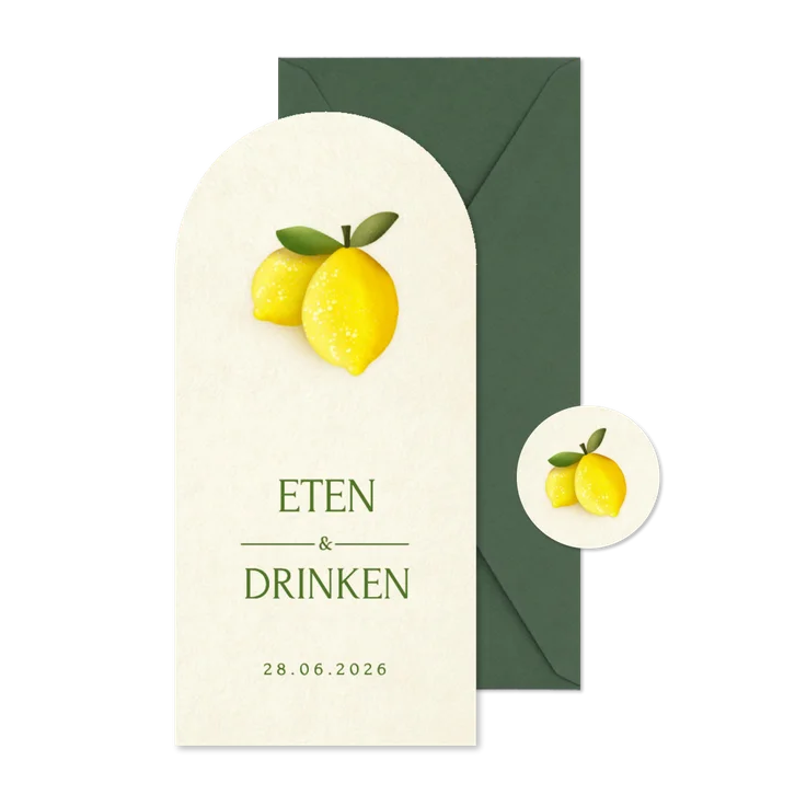 Langwerpig staande menukaart in boogvorm met citroenen 
