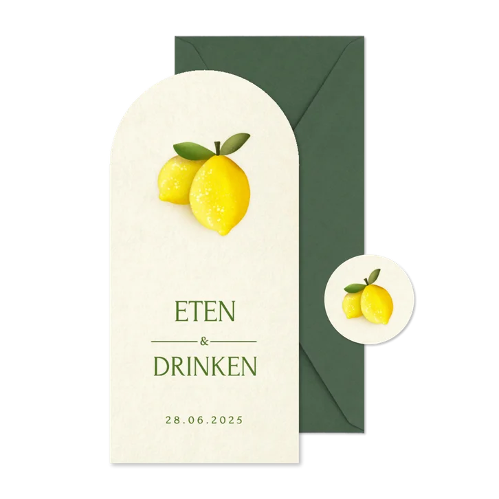 Langwerpig staande menukaart in boogvorm met citroenen