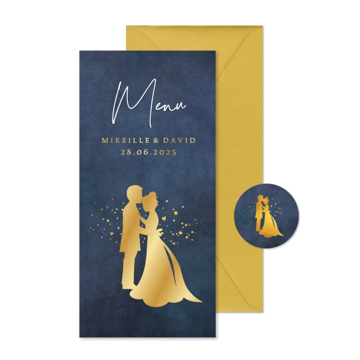 Langwerpige menukaart trouwen met gouden silhouet
