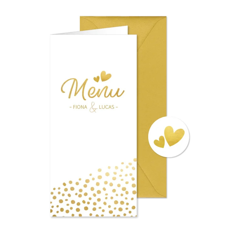 Langwerpige trouw menukaart met gouden stippen