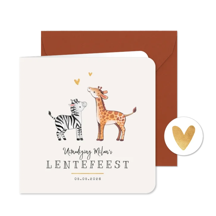 Lentefeest giraf zebra hartjes goud lief uitnodiging