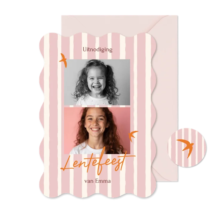 Lentefeest roze streepjes met oranje vogeltjes golfvorm