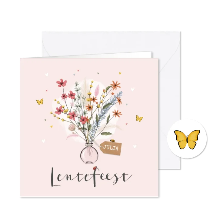 Lentefeest uitnodiging bloemen lief hartjes label vlinders