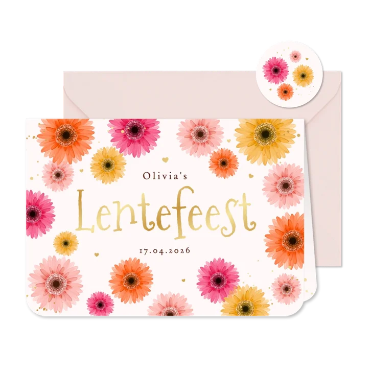 Lentefeest uitnodiging gerbera bloemen kleurrijk goud