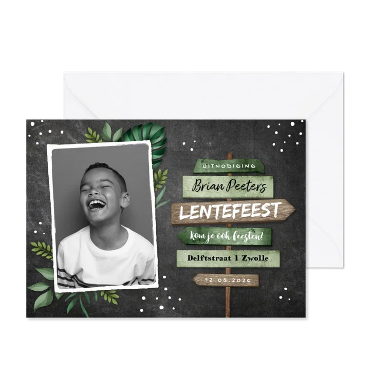 Lentefeest uitnodiging stoer wegwijzers krijt bladeren