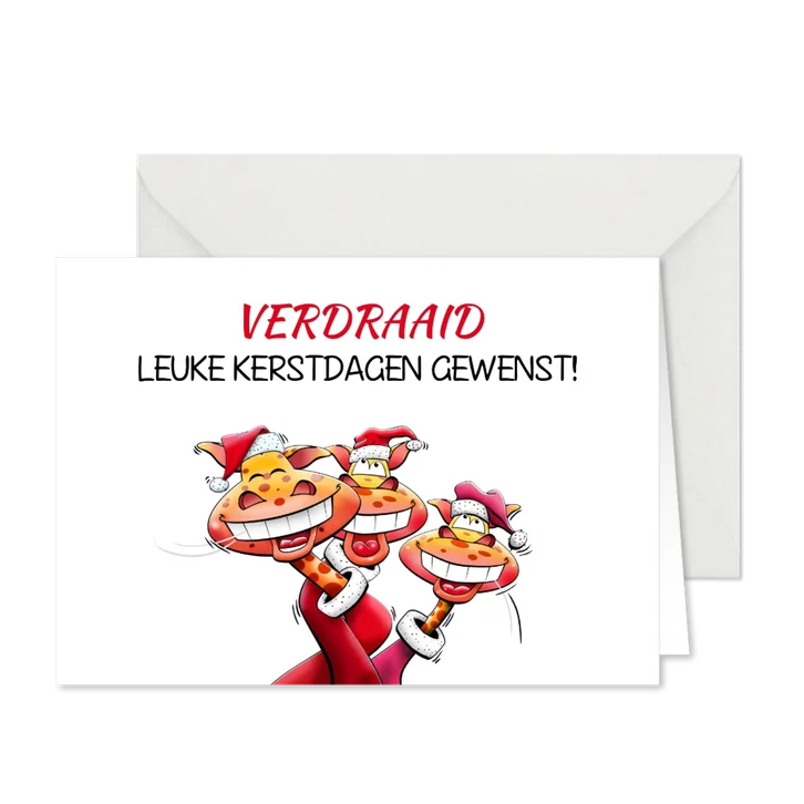 Leuke kerstkaart met drie giraffen met verdraaide nekken