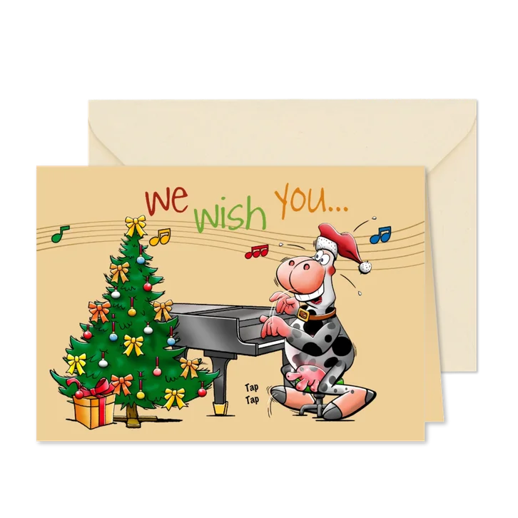 Leuke kerstkaart met een koe die op de piano speelt